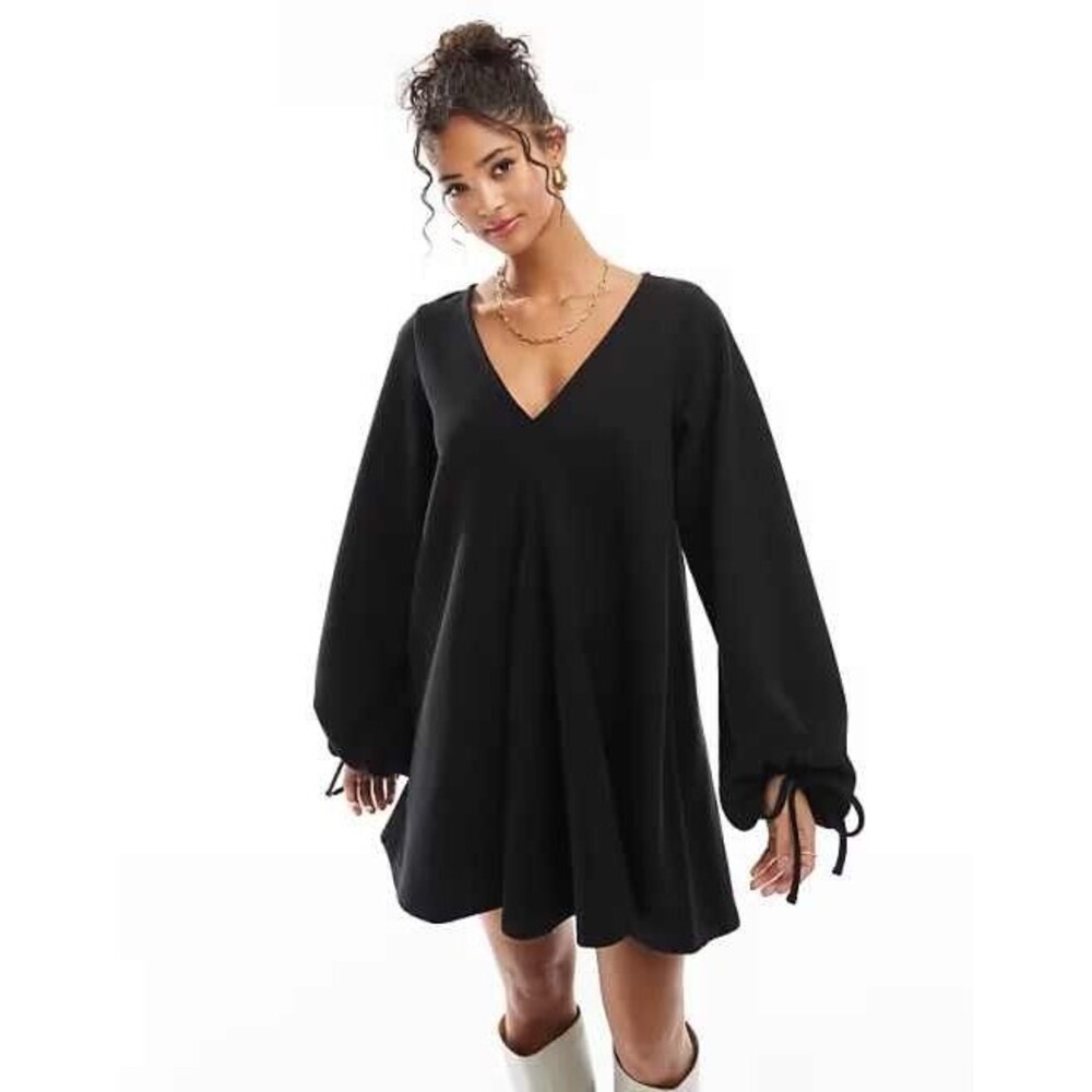ASOS DESIGN Curve v-neck flare hem skirt mini dress tie sleeve Black 20 Tunic